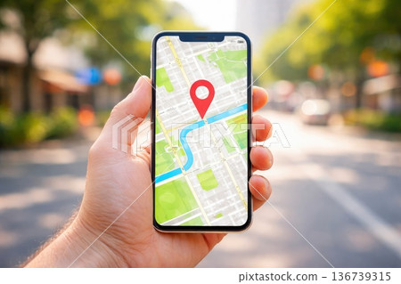 Hand holding smartphone with GPS navigation map and location pin in city street Hand holding smartphone with GPS navigation map and location pin in city street 136739315