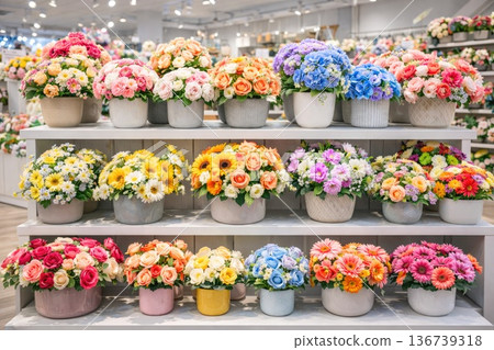 Colorful assortment of fresh flower bouquets displayed in modern flower shop Colorful assortment of fresh flower bouquets displayed in modern flower shop 136739318