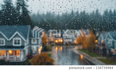 Rainy suburban neighborhood street view through window with raindrops and warm house lights Rainy suburban neighborhood street view through window with raindrops and warm house lights 136739464