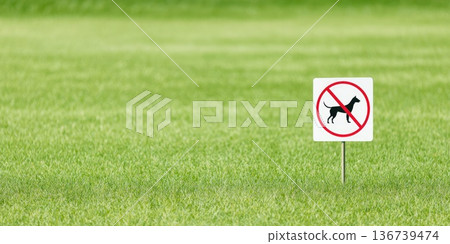 No dogs allowed sign on green grass lawn in park outdoor prohibition symbol No dogs allowed sign on green grass lawn in park outdoor prohibition symbol 136739474
