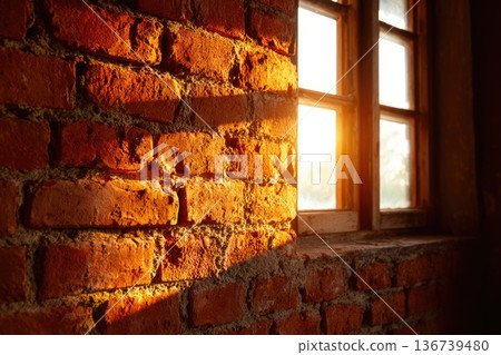 Sunlight through window casting warm light on rustic brick wall interior Sunlight through window casting warm light on rustic brick wall interior 136739480