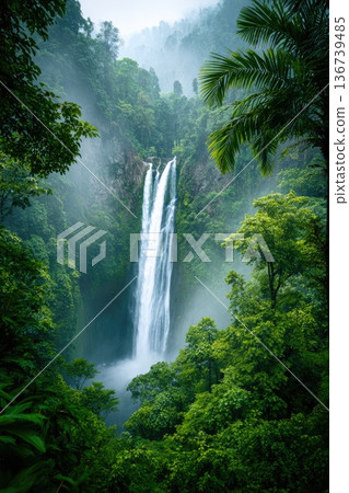Majestic tropical waterfall cascading through lush green rainforest jungle with mist and sunlight 136739485