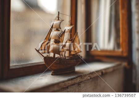 Decorative wooden sailing ship model on windowsill with soft natural light and blurred background Decorative wooden sailing ship model on windowsill with soft natural light and blurred background 136739507