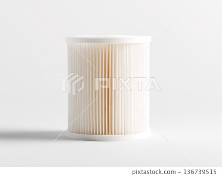 White pleated filter element isolated on clean background minimal product shot White pleated filter element isolated on clean background minimal product shot 136739515