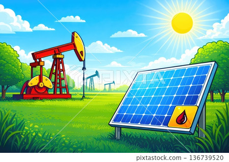 Solar energy panel and oil pump jack illustrating renewable and fossil fuel contrast Solar energy panel and oil pump jack illustrating renewable and fossil fuel contrast 136739520