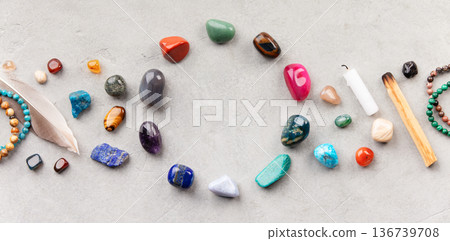 Healing Crystals and Spiritual Tools on Light Background Healing Crystals and Spiritual Tools on Light Background 136739708