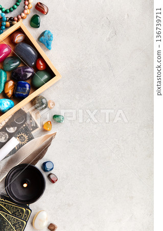 Healing Crystals, Tarot Cards, and Candle on Spiritual Altar Healing Crystals, Tarot Cards, and Candle on Spiritual Altar 136739711