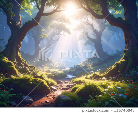 Fresh green season, sunlight filtering through the trees, shining leaves 136740045