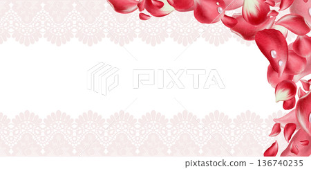 Vintage openwork lace ribbon double border in heritage style,corner red rose petals with fresh dew dropsin soft cream tones.Elegant template for wedding invites,greeting cards,and romantic stationery Vintage openwork lace ribbon double border in heritage style,corner red rose petals with fresh dew dropsin soft cream tones.Elegant template for wedding invites,greeting cards,and romantic stationery 136740235