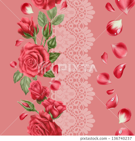 Passionate red roses,buds,scattered petals with soft pink openwork lace trim in seamless pattern.Romantic watercolor hues for Valentines Day,Mothers Day cards,wedding stationery,heartfelt celebrations Passionate red roses,buds,scattered petals with soft pink openwork lace trim in seamless pattern.Romantic watercolor hues for Valentines Day,Mothers Day cards,wedding stationery,heartfelt celebrations 136740237