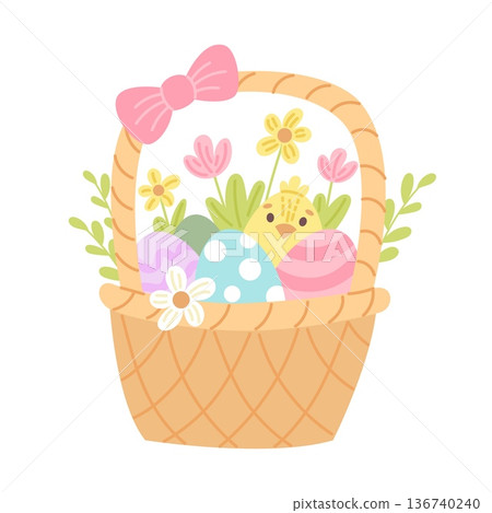 Basket with Easter eggs. Happy Easter cute colorful vector illustration. Springtime holiday gift. Basket with Easter eggs. Happy Easter cute colorful vector illustration. Springtime holiday gift. 136740240