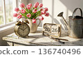 Spring Still Life with Pink Tulips Vintage Alarm Clock and Wooden Calendar on Rustic Table 136740496