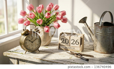 Spring Still Life with Pink Tulips Vintage Alarm Clock and Wooden Calendar on Rustic Table Spring Still Life with Pink Tulips Vintage Alarm Clock and Wooden Calendar on Rustic Table 136740496