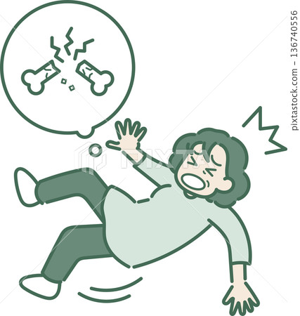 插圖描繪了一位患有骨質疏鬆症的50多歲女性摔倒並骨折的情景 插圖描繪了一位患有骨質疏鬆症的50多歲女性摔倒並骨折的情景 136740556