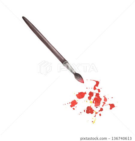 Round brush with red tip, paint splashes. Hand-painted watercolor illustration isolated on white. Perfect for art branding, creative studios, workshops, packaging, posters, expressive design projects 136740613