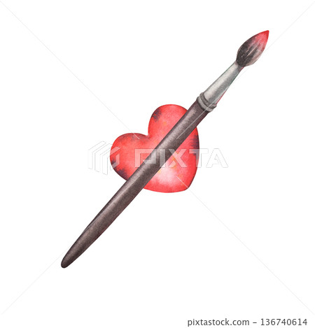 Round paintbrush with red paint on the tip and heart-shaped holder. Hand-painted watercolor illustration isolated on white for art branding, workshops, school materials, packaging, posters, designs Round paintbrush with red paint on the tip and heart-shaped holder. Hand-painted watercolor illustration isolated on white for art branding, workshops, school materials, packaging, posters, designs 136740614