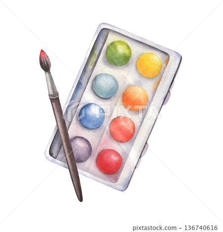 Paint box with paintbrush. Hand-painted watercolor illustration isolated on white background. Perfect for art supplies design, creative branding, education materials, packaging, art, hobby projects Paint box with paintbrush. Hand-painted watercolor illustration isolated on white background. Perfect for art supplies design, creative branding, education materials, packaging, art, hobby projects 136740616