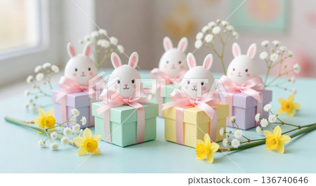 Easter-themed decorations featuring pastel gift boxes and bunny-shaped eggs surrounded by flowers on a light blue table Easter-themed decorations featuring pastel gift boxes and bunny-shaped eggs surrounded by flowers on a light blue table 136740646