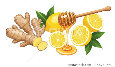 Ginger root, lemon slices, honey dipper, and honey on transparent background for culinary and health illustrations 136740660