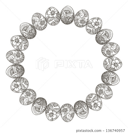 Easter rustic wreath with floral painted eggs in vintage sketch style. Hand drawn vector decorative festive design. Graphic circle frame for greeting card template. Perfect for spring holiday season. Easter rustic wreath with floral painted eggs in vintage sketch style. Hand drawn vector decorative festive design. Graphic circle frame for greeting card template. Perfect for spring holiday season. 136740957