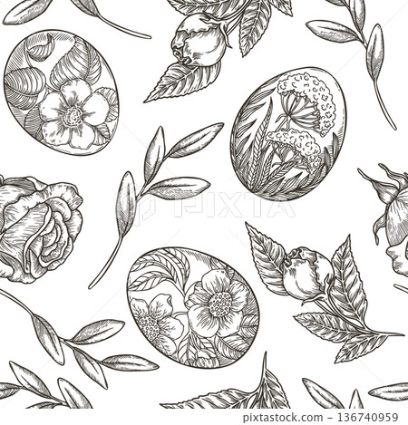 Easter seamless pattern with flower eggs and rose black and white background. Hand drawn vector design in vintage sketch style. Nature print ideal for wallpaper. Perfect for holiday fabric and paper. Easter seamless pattern with flower eggs and rose black and white background. Hand drawn vector design in vintage sketch style. Nature print ideal for wallpaper. Perfect for holiday fabric and paper. 136740959
