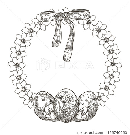 Circle wreath with floral Easter eggs in vintage sketch style. Hand drawn vector decorative festive design. Graphic line art round frame for greeting card template. Perfect for spring holiday season. Circle wreath with floral Easter eggs in vintage sketch style. Hand drawn vector decorative festive design. Graphic line art round frame for greeting card template. Perfect for spring holiday season. 136740960