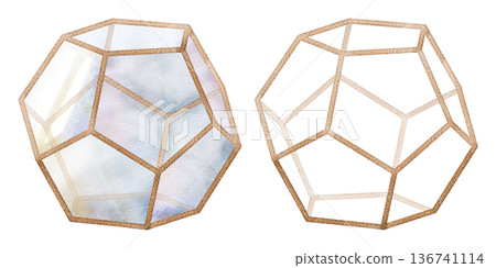 Geometric glass planter, metal wiremesh frame in gold, brass or copper, dodecahedron shape. Isolated illustration hand drawn in watercolor. Modern interior decor, eco branding, plant shop marketing. Geometric glass planter, metal wiremesh frame in gold, brass or copper, dodecahedron shape. Isolated illustration hand drawn in watercolor. Modern interior decor, eco branding, plant shop marketing. 136741114