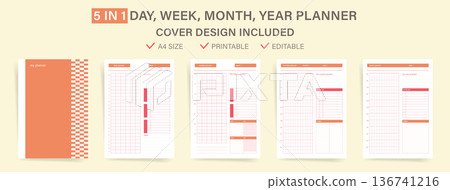 5 in 1 Orange Grid Planner Template Set with Cover, Daily Weekly Monthly Yearly Pages, Habit Tracker, Meal Planner, A4 Printable Editable Vector Layout 5 in 1 Orange Grid Planner Template Set with Cover, Daily Weekly Monthly Yearly Pages, Habit Tracker, Meal Planner, A4 Printable Editable Vector Layout 136741216