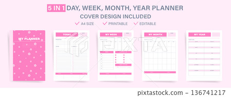 Floral Planner Template Set with Cover, Daily Weekly Monthly Yearly Pages, To Do List, Habit Tracker, A4 Printable Editable Vector Layout Floral Planner Template Set with Cover, Daily Weekly Monthly Yearly Pages, To Do List, Habit Tracker, A4 Printable Editable Vector Layout 136741217