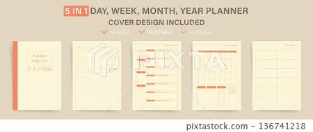 Minimal Beige Planner Template Set with Cover, Daily Weekly Monthly Yearly Pages, Clean Neutral A4 Printable Editable Vector Planner Layout 136741218