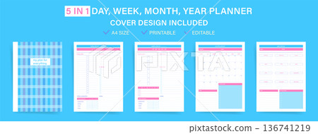 Blue Plaid Planner Template Set with Cover, Daily Weekly Monthly Yearly Pages, To Do List, Productivity Tracker, A4 Printable Editable Vector Layout Blue Plaid Planner Template Set with Cover, Daily Weekly Monthly Yearly Pages, To Do List, Productivity Tracker, A4 Printable Editable Vector Layout 136741219