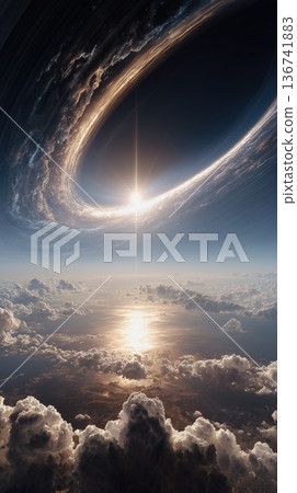 A mysterious and fantastical skyscape with shining lights and swirling clouds in the sky 136741883