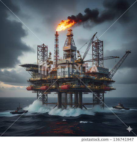 海上石油鑽井平台位於波濤洶湧的海面上 136741947