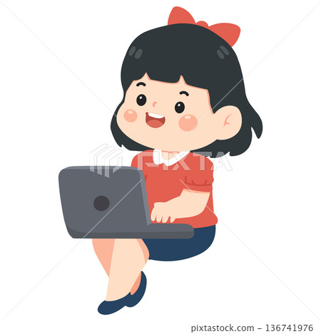 Young Girl Typing On Laptop Device Young Girl Typing On Laptop Device 136741976