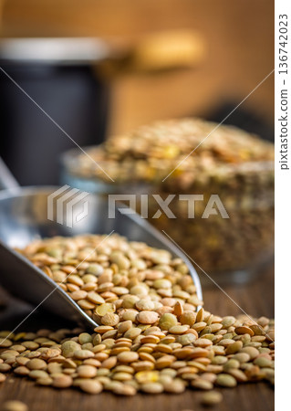 Uncooked green lentil on scoop on wooden table. Uncooked green lentil on scoop on wooden table. 136742023