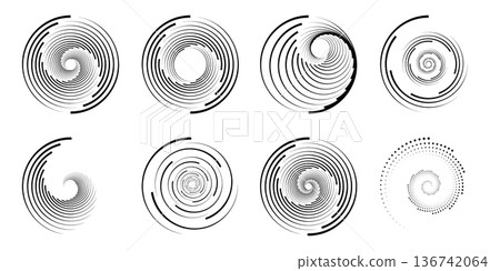 Modern Circular Line Tech Rings Set with Concentric Rotating Geometric Frames Abstract Round Shapes EPS Vector Pack 136742064