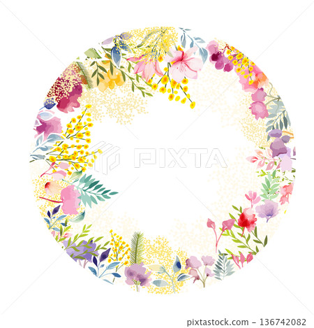 Round frame with yellow mimosa watercolor flowers. Hand drawn. Not AI, vector illustration. 136742082