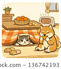 A cat in a kotatsu and a Shiba Inu eating mandarin oranges 136742193