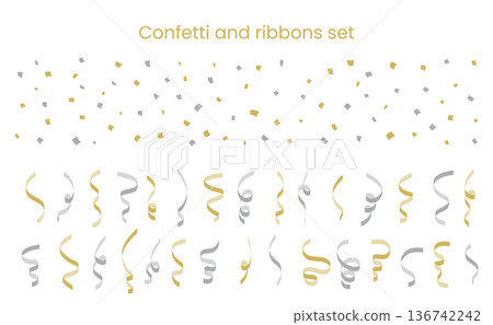 Gold and silver confetti and twirling ribbon vector set 136742242