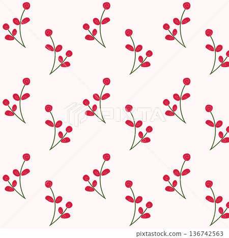 Seamless Red Berry Floral Pattern with Green Leaves 136742563