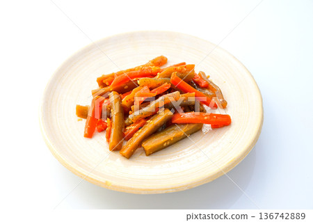 Kinpira burdock served on a plate Kinpira burdock served on a plate 136742889