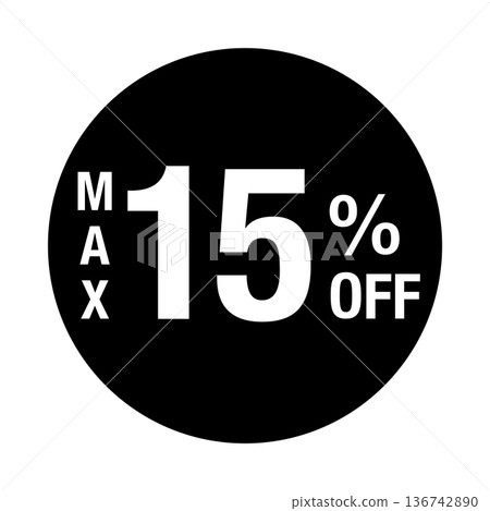 "MAX 15% OFF" logo, circular, white text, transparent background, monochrome "MAX 15% OFF" logo, circular, white text, transparent background, monochrome 136742890