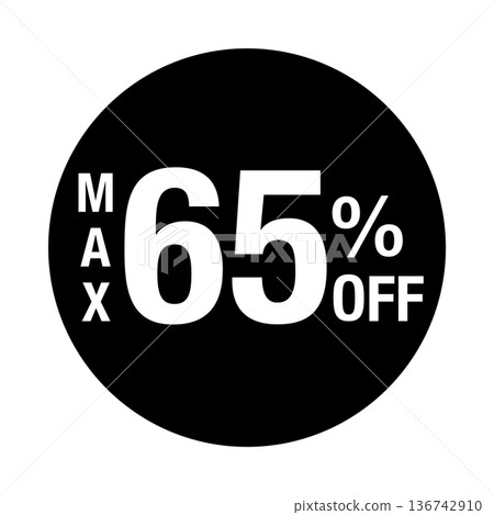 "MAX 65% OFF" logo, circular, white text, transparent background, monochrome "MAX 65% OFF" logo, circular, white text, transparent background, monochrome 136742910