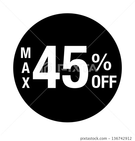 "MAX 45% OFF" logo, circular, white text, transparent background, monochrome "MAX 45% OFF" logo, circular, white text, transparent background, monochrome 136742912