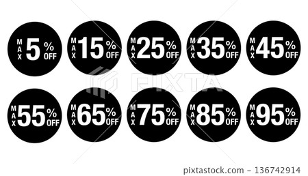 一組logo，文字折扣範圍從最高5%到最高95%。圓形，白色文字，透明背景，單色。 136742914