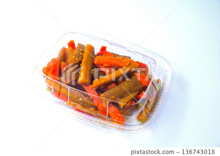 Kinpira gobo (burdock root stir-fry) in a plastic container Kinpira gobo (burdock root stir-fry) in a plastic container 136743018