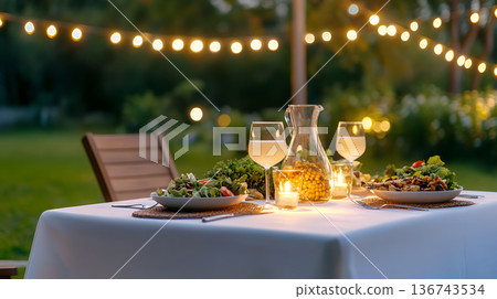 A romantic candlelit dinner set in a serene garden, with elegant table settings and soft lighting enhancing the intimate atmosphere 136743534