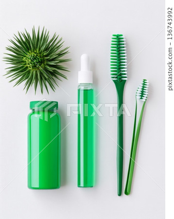 A collection of green personal care items including toothbrushes, bottles, and a succulent plant, arranged on a white background to showcase sustainable living 136743992