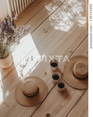 Wooden floor with coffee cups, straw hats, and dried lavender in a woven basket, bathed in soft sunlight creating long shadows. Cozy and serene atmosphere 136743995