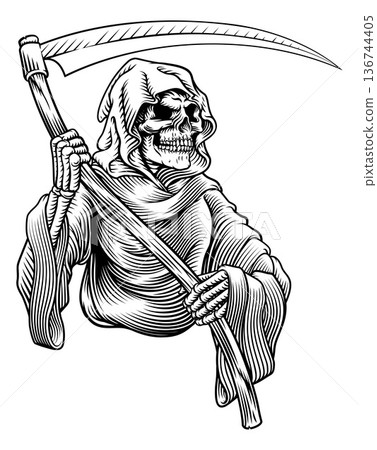 Grim Reaper Death Skeleton Vintage Woodcut Style 136744405